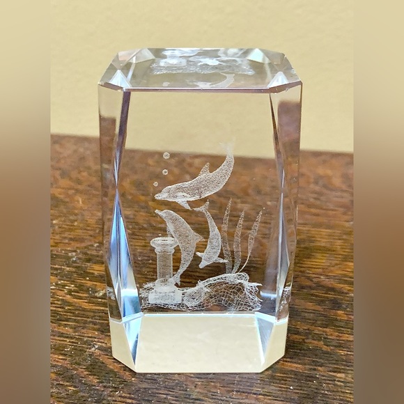 Solid Lead Crystal Laser Etched Swimming Dolphins Paperweight - Picture 2 of 16